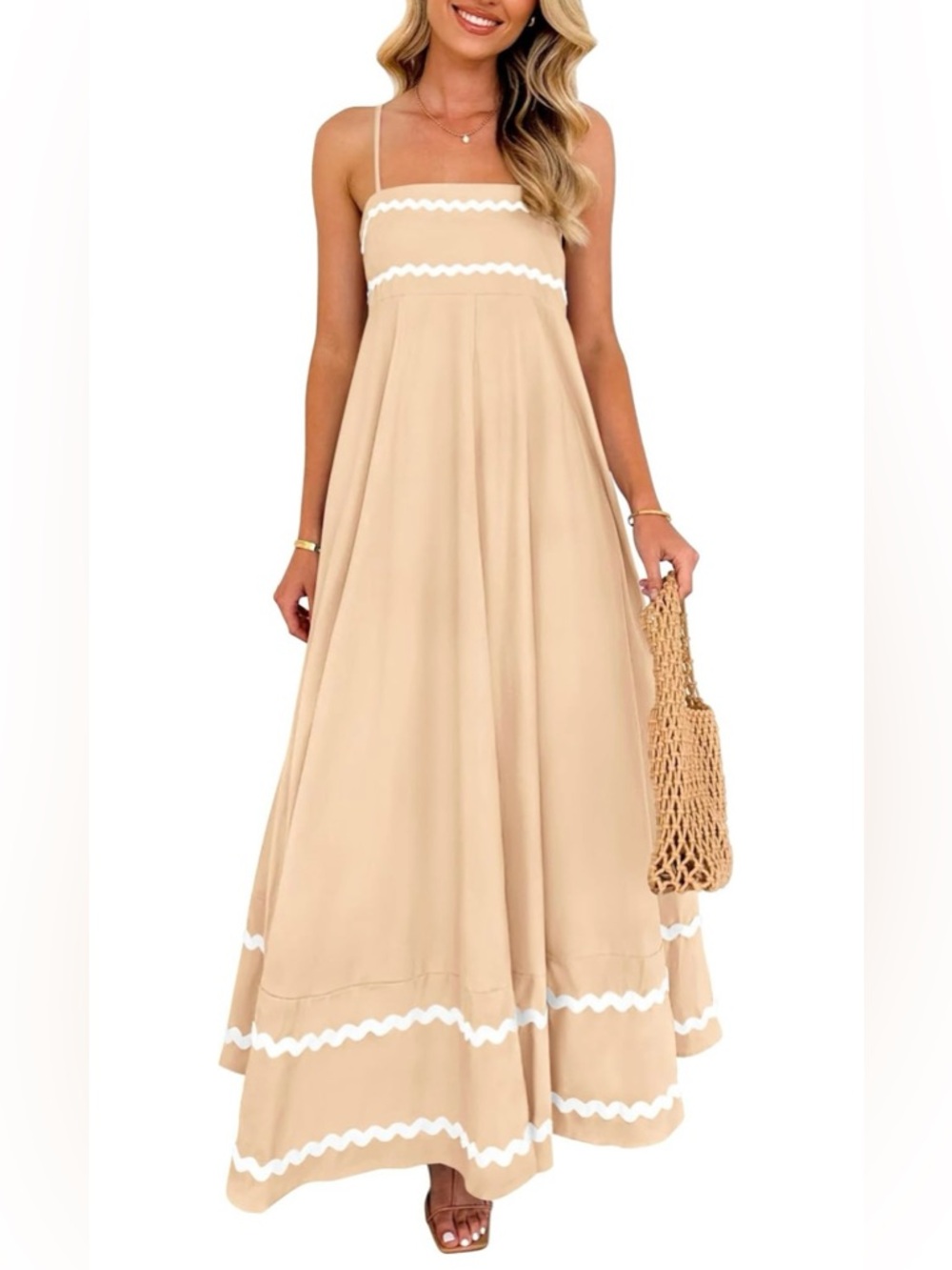 Beige Maxi Dress with White Trim